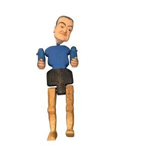 Wooden Primitive Carved Man Jointed Blue Shirt Folkart Puppet Vintage Doll